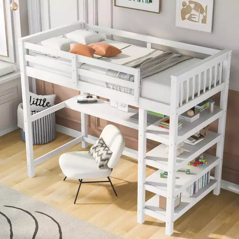Okak 79.7IN Twin Size Loft Bed with L-Shape Desk, Twin Bed with Safety Guardrails and Storage Shelves, Loft Bed With Stairs for Bedroom