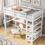 Okak 79.7IN Twin Size Loft Bed with L-Shape Desk, Twin Bed with Safety Guardrails and Storage Shelves, Loft Bed With Stairs for Bedroom