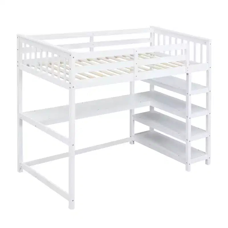 Okak 79.7IN Twin Size Loft Bed with L-Shape Desk, Twin Bed with Safety Guardrails and Storage Shelves, Loft Bed With Stairs for Bedroom