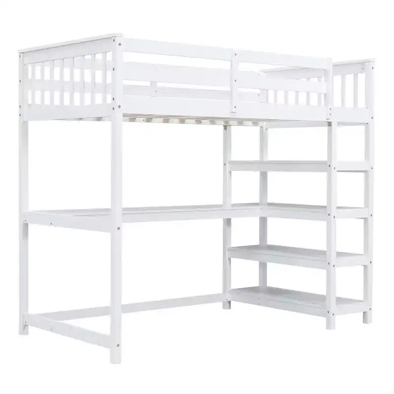 Okak 79.7IN Twin Size Loft Bed with L-Shape Desk, Twin Bed with Safety Guardrails and Storage Shelves, Loft Bed With Stairs for Bedroom