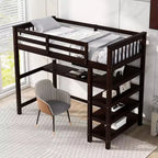 Okak 79.7IN Twin Size Loft Bed with L-Shape Desk, Twin Bed with Safety Guardrails and Storage Shelves, Loft Bed With Stairs for Bedroom