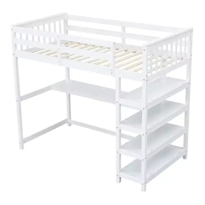 Okak 79.7IN Twin Size Loft Bed with L-Shape Desk, Twin Bed with Safety Guardrails and Storage Shelves, Loft Bed With Stairs for Bedroom