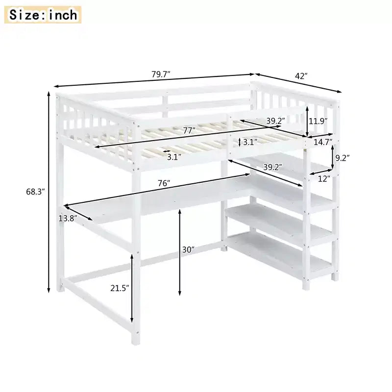Okak 79.7IN Twin Size Loft Bed with L-Shape Desk, Twin Bed with Safety Guardrails and Storage Shelves, Loft Bed With Stairs for Bedroom