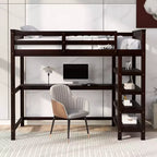 Okak 79.7IN Twin Size Loft Bed with L-Shape Desk, Twin Bed with Safety Guardrails and Storage Shelves, Loft Bed With Stairs for Bedroom