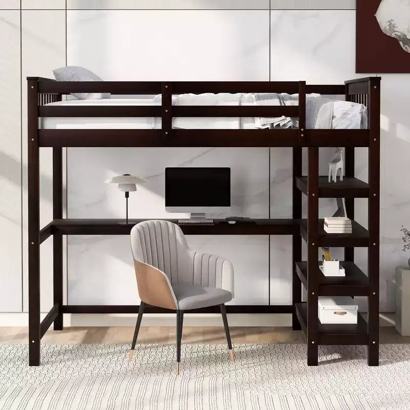 Okak 79.7IN Twin Size Loft Bed with L-Shape Desk, Twin Bed with Safety Guardrails and Storage Shelves, Loft Bed With Stairs for Bedroom