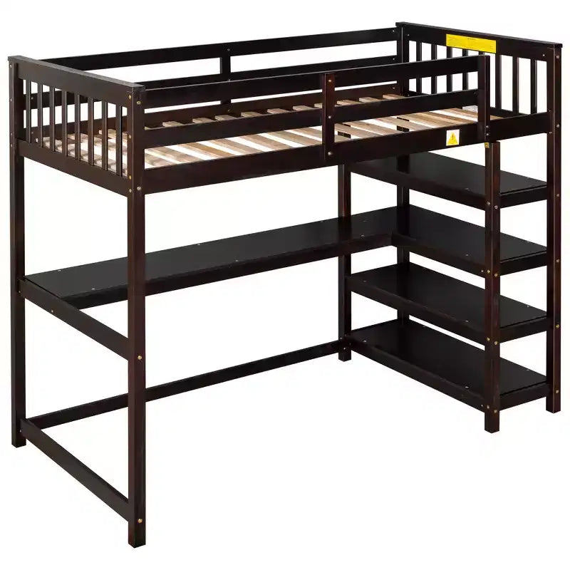 Okak 79.7IN Twin Size Loft Bed with L-Shape Desk, Twin Bed with Safety Guardrails and Storage Shelves, Loft Bed With Stairs for Bedroom