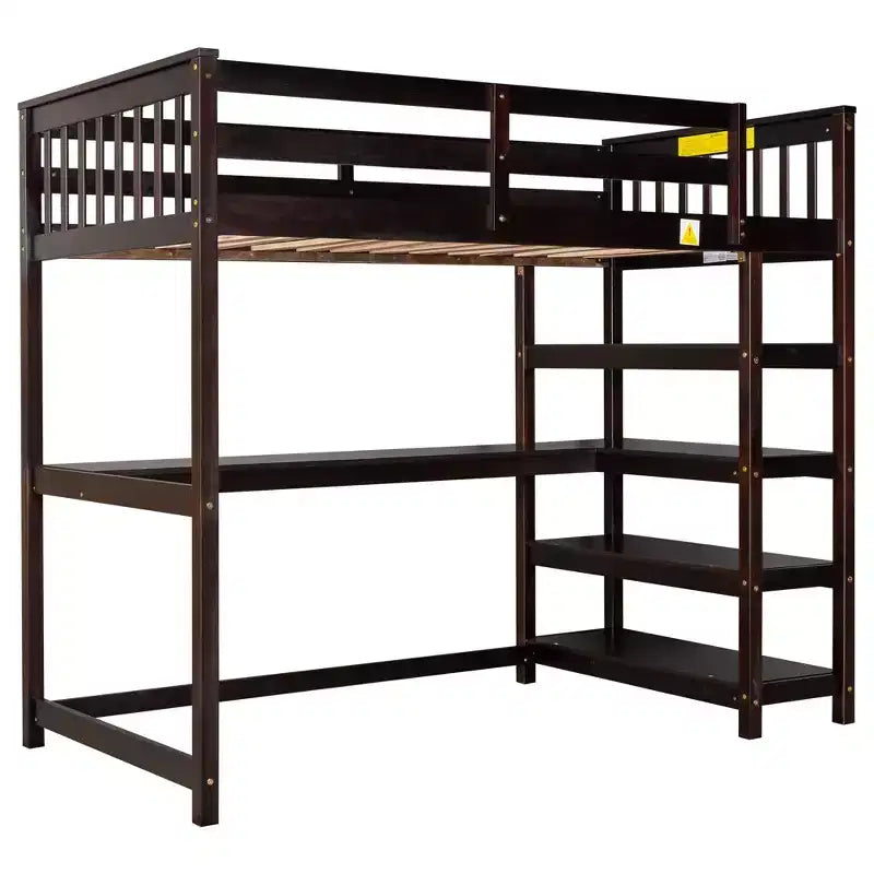 Okak 79.7IN Twin Size Loft Bed with L-Shape Desk, Twin Bed with Safety Guardrails and Storage Shelves, Loft Bed With Stairs for Bedroom