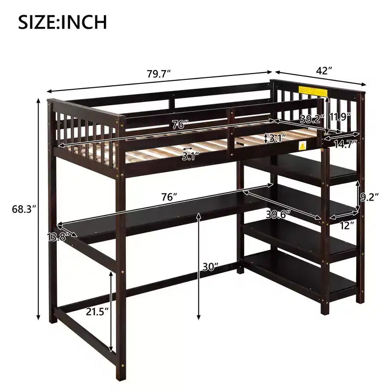 Okak 79.7IN Twin Size Loft Bed with L-Shape Desk, Twin Bed with Safety Guardrails and Storage Shelves, Loft Bed With Stairs for Bedroom
