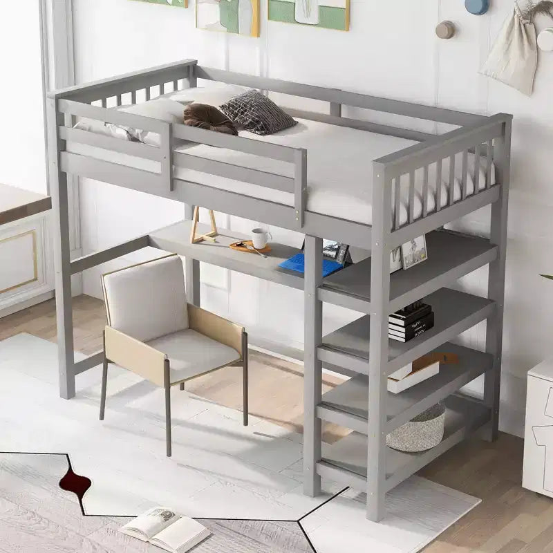Okak 79.7IN Twin Size Loft Bed with L-Shape Desk, Twin Bed with Safety Guardrails and Storage Shelves, Loft Bed With Stairs for Bedroom