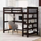 Okak 79.7IN Twin Size Loft Bed with L-Shape Desk, Twin Bed with Safety Guardrails and Storage Shelves, Loft Bed With Stairs for Bedroom