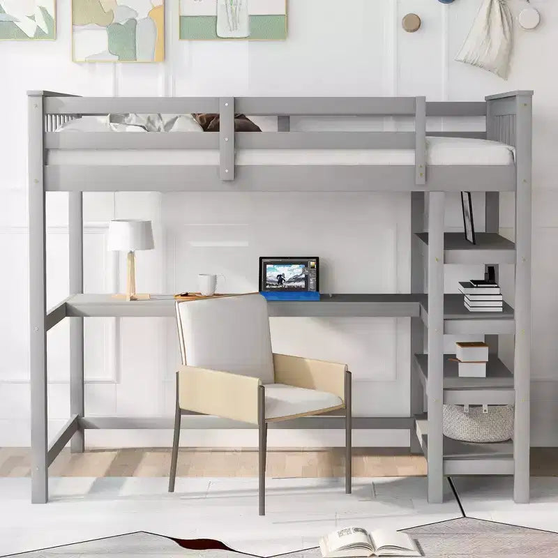 Okak 79.7IN Twin Size Loft Bed with L-Shape Desk, Twin Bed with Safety Guardrails and Storage Shelves, Loft Bed With Stairs for Bedroom