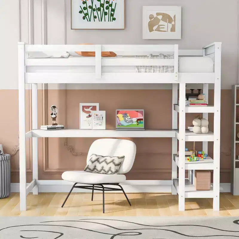 Twin Size Loft Bed with L-Shape Desk, Twin Bed with Safety Guardrails and Storage Shelves, Loft Bed With Stairs for Bedroom