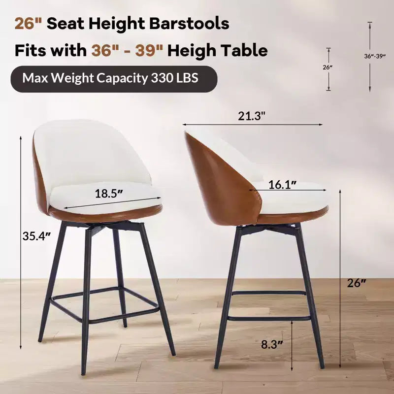 Swivel Bar Stools Set of 2, Counter Bar Chairs with Back and Metal Legs, Upholstered Barstools for Kitchen Island, Dining Room