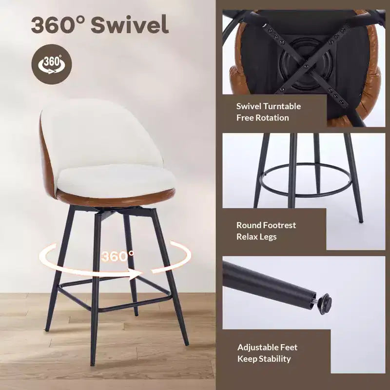 Swivel Bar Stools Set of 2, Counter Bar Chairs with Back and Metal Legs, Upholstered Barstools for Kitchen Island, Dining Room