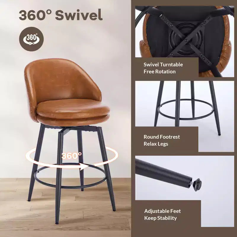 Swivel Bar Stools Set of 2, Counter Bar Chairs with Back and Metal Legs, Upholstered Barstools for Kitchen Island, Dining Room