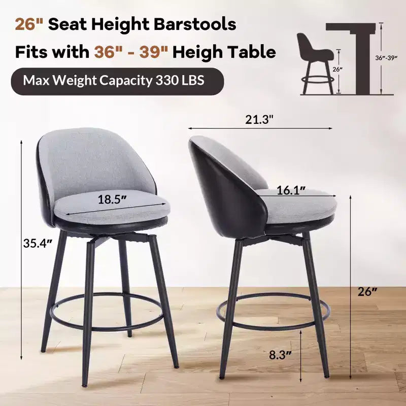 Swivel Bar Stools Set of 2, Counter Bar Chairs with Back and Metal Legs, Upholstered Barstools for Kitchen Island, Dining Room