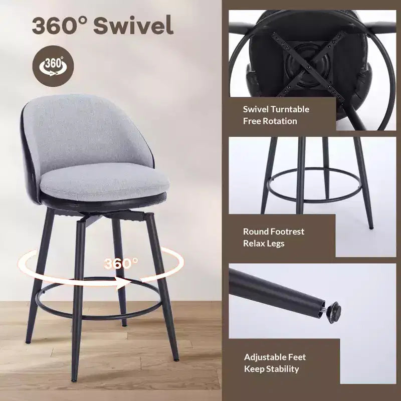 Swivel Bar Stools Set of 2, Counter Bar Chairs with Back and Metal Legs, Upholstered Barstools for Kitchen Island, Dining Room