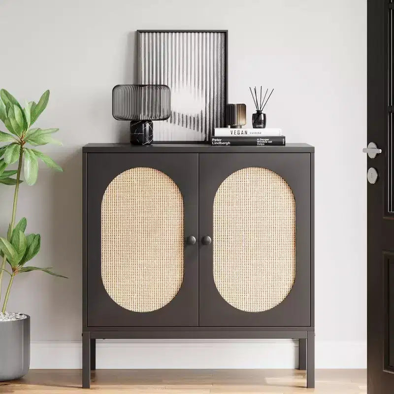 CuisinSmart 31.5'' Sideboard Buffet Cabinet with Rattan Wicker, Kitchen Cabinet with 2 Rattan Doors, Kitchen Cabinets for Kitchen Dining Room