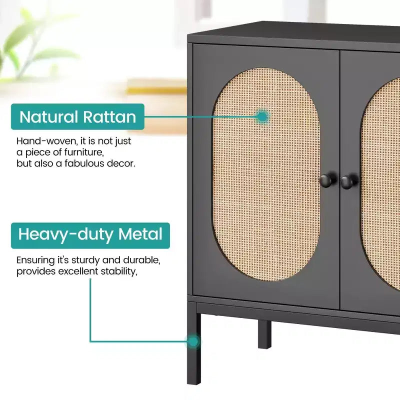 CuisinSmart Aparador de buffet de 31.5'' con mimbre de ratán, gabinete de cocina con 2 puertas de ratán, gabinetes de cocina para comedor y cocina