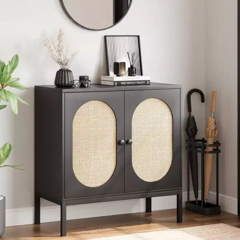CuisinSmart Aparador de buffet de 31.5'' con mimbre de ratán, gabinete de cocina con 2 puertas de ratán, gabinetes de cocina para comedor y cocina