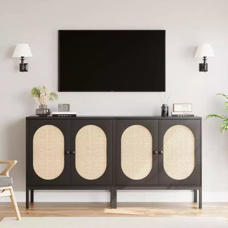 CuisinSmart Aparador de buffet de 31.5'' con mimbre de ratán, gabinete de cocina con 2 puertas de ratán, gabinetes de cocina para comedor y cocina