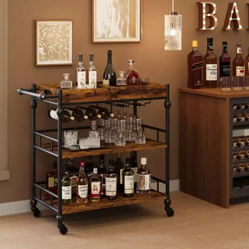 3-Tier Bar Cart with Wheels Mobile Beverage Wine Cart with Storage Shelf, Vintage Style Wood & Metal Drink Caddy for Home, Party
