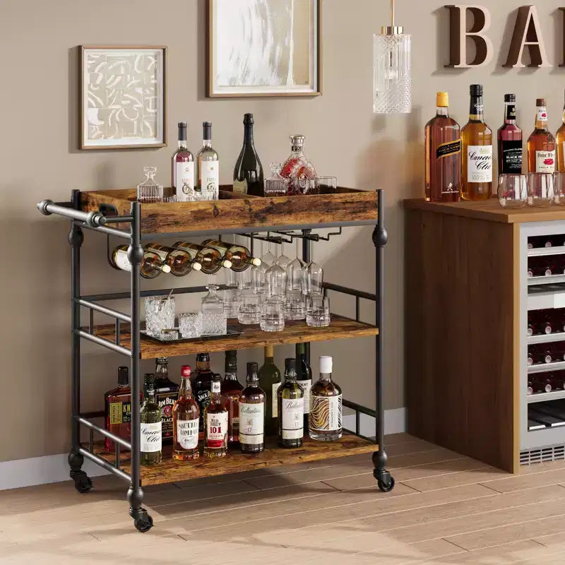 3-Tier Bar Cart with Wheels Mobile Beverage Wine Cart with Storage Shelf, Vintage Style Wood & Metal Drink Caddy for Home, Party