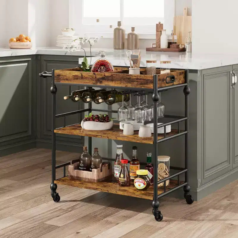 3-Tier Bar Cart with Wheels Mobile Beverage Wine Cart with Storage Shelf, Vintage Style Wood & Metal Drink Caddy for Home, Party