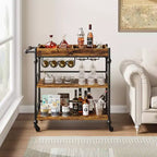 3-Tier Bar Cart with Wheels Mobile Beverage Wine Cart with Storage Shelf, Vintage Style Wood & Metal Drink Caddy for Home, Party