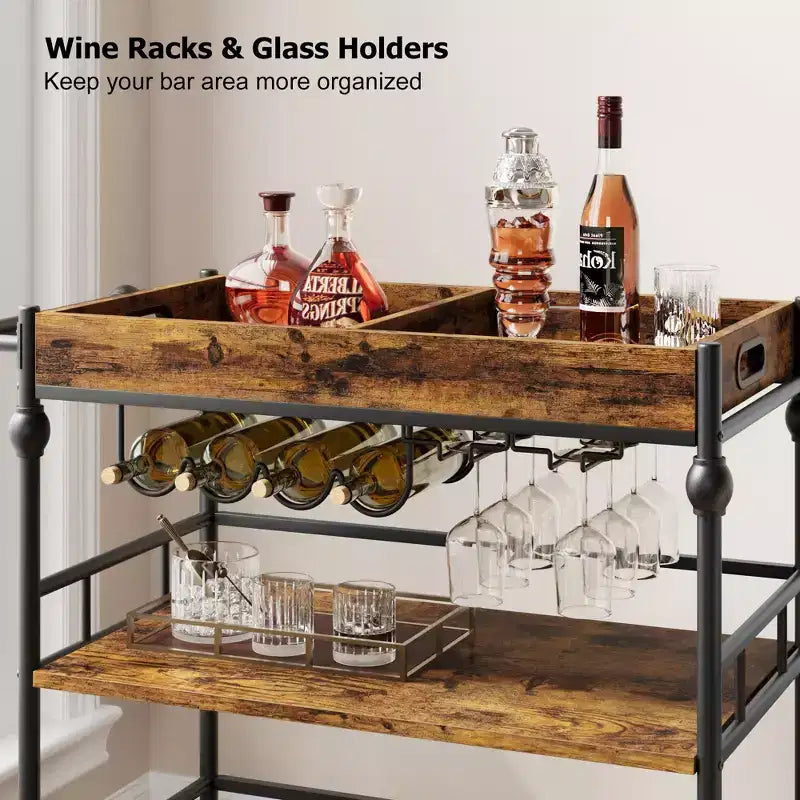3-Tier Bar Cart with Wheels Mobile Beverage Wine Cart with Storage Shelf, Vintage Style Wood & Metal Drink Caddy for Home, Party