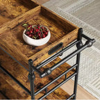 3-Tier Bar Cart with Wheels Mobile Beverage Wine Cart with Storage Shelf, Vintage Style Wood & Metal Drink Caddy for Home, Party