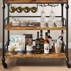 3-Tier Bar Cart with Wheels Mobile Beverage Wine Cart with Storage Shelf, Vintage Style Wood & Metal Drink Caddy for Home, Party