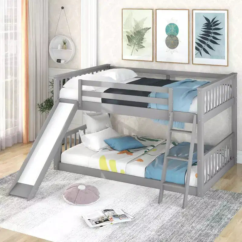 Okak 79.1IN Litera de tamaño matrimonial con tobogán convertible, Literas para niños con barandilla y escalera, Estructuras de cama para habitación infantil, sala de juegos, Gris