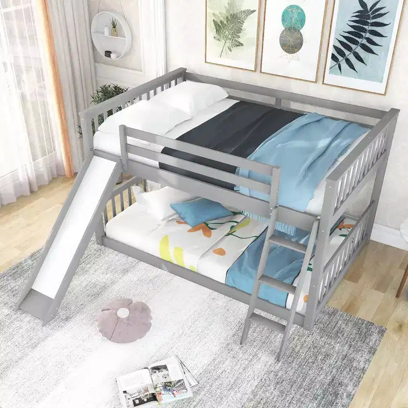 Okak 79.1IN Litera de tamaño matrimonial con tobogán convertible, Literas para niños con barandilla y escalera, Estructuras de cama para habitación infantil, sala de juegos, Gris
