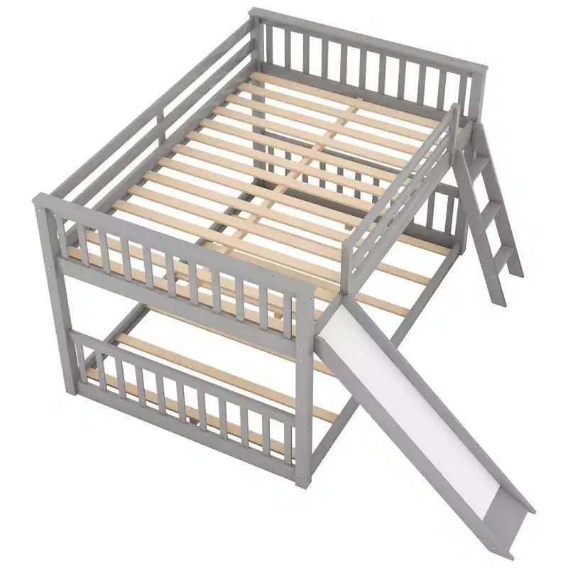 Okak 79.1IN Litera de tamaño matrimonial con tobogán convertible, Literas para niños con barandilla y escalera, Estructuras de cama para habitación infantil, sala de juegos, Gris