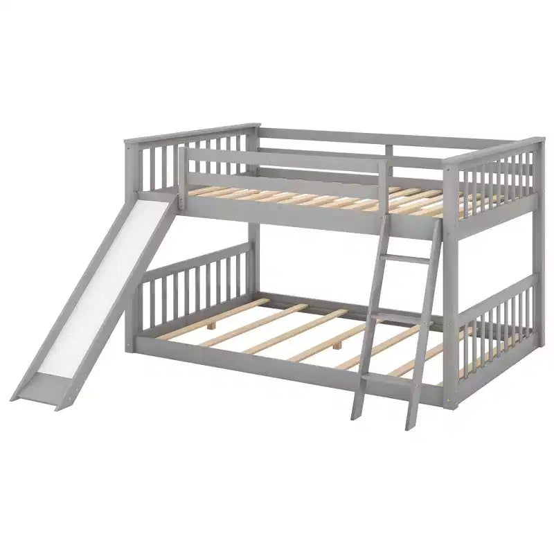 Okak 79.1IN Litera de tamaño matrimonial con tobogán convertible, Literas para niños con barandilla y escalera, Estructuras de cama para habitación infantil, sala de juegos, Gris
