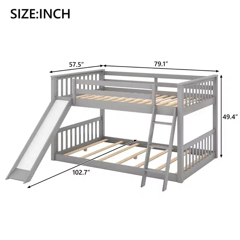 Okak 79.1IN Litera de tamaño matrimonial con tobogán convertible, Literas para niños con barandilla y escalera, Estructuras de cama para habitación infantil, sala de juegos, Gris