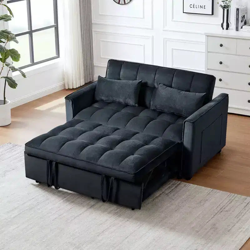 PexFix 3 in 1 Convertible Sleeper Sofa Bed Pull Out Couch Adjustable Backrest Velvet Loveseat Futon Sofa with Pillows for Living Room Apartment Black