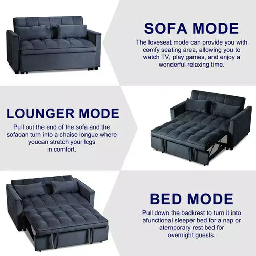 1 Convertible Sleeper Sofa Bed Pull Out Couch Adjustable Backrest Velvet Loveseat Futon Sofa with Pillows for Living Room Apartment Black