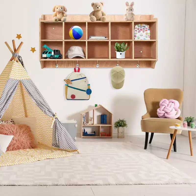 Armario de Almacenamiento Montado en la Pared: 15 Cubos, 5 Ganchos, Capacidad para 10 Niños, Doble Apilamiento, 4731.511.7 Pulgadas, Kit de Montaje (Para Aulas/Guarderías)