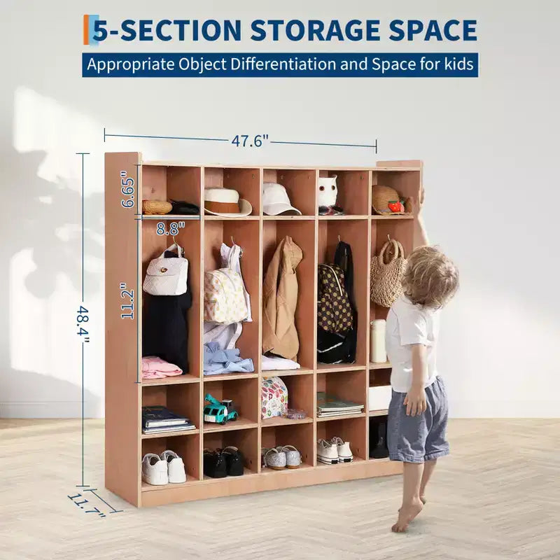 Armario de Almacenamiento Montado en la Pared: 15 Cubos, 5 Ganchos, Capacidad para 10 Niños, Doble Apilamiento, 4731.511.7 Pulgadas, Kit de Montaje (Para Aulas/Guarderías)