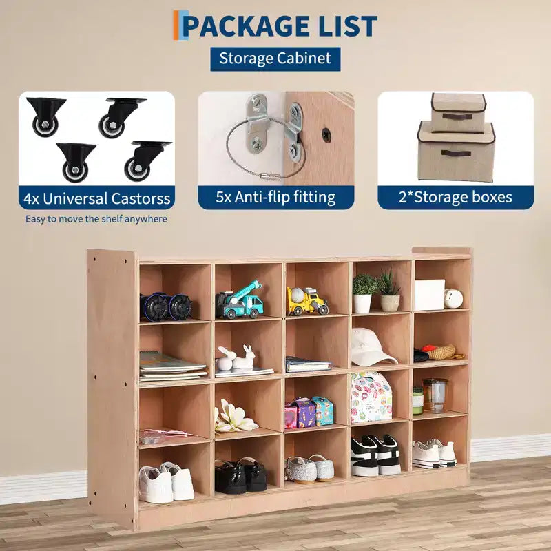 Armario de Almacenamiento Montado en la Pared: 15 Cubos, 5 Ganchos, Capacidad para 10 Niños, Doble Apilamiento, 4731.511.7 Pulgadas, Kit de Montaje (Para Aulas/Guarderías)
