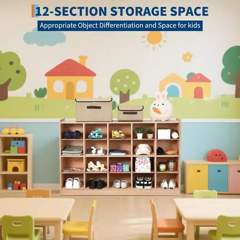 Armario de Almacenamiento Montado en la Pared: 15 Cubos, 5 Ganchos, Capacidad para 10 Niños, Doble Apilamiento, 4731.511.7 Pulgadas, Kit de Montaje (Para Aulas/Guarderías)