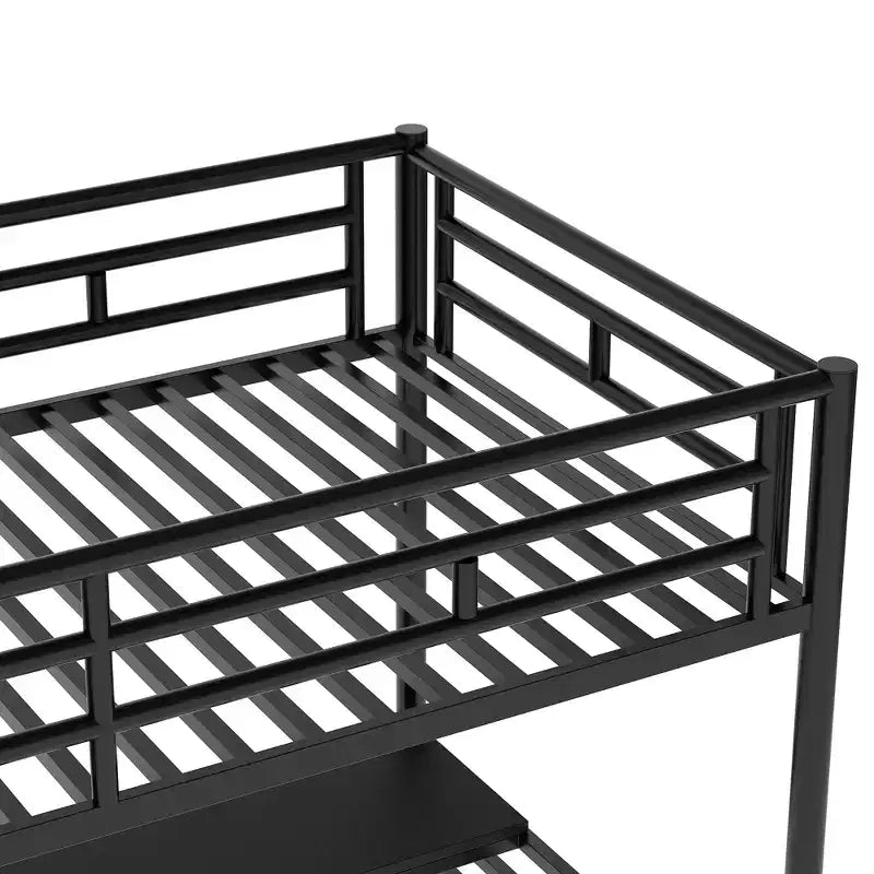 Cama alta de metal de alta resistencia con escritorio, cama alta individual con escaleras para dormitorio, habitación de estudiantes o de invitados, negra