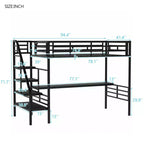 Cama alta de metal de alta resistencia con escritorio, cama alta individual con escaleras para dormitorio, habitación de estudiantes o de invitados, negra