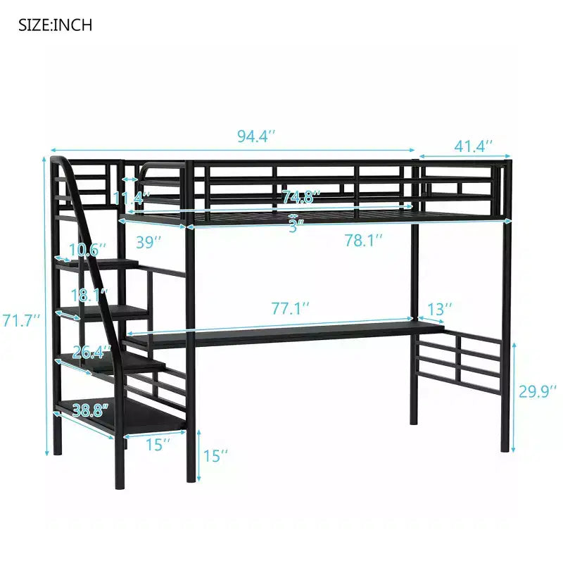 Cama alta de metal de alta resistencia con escritorio, cama alta individual con escaleras para dormitorio, habitación de estudiantes o de invitados, negra