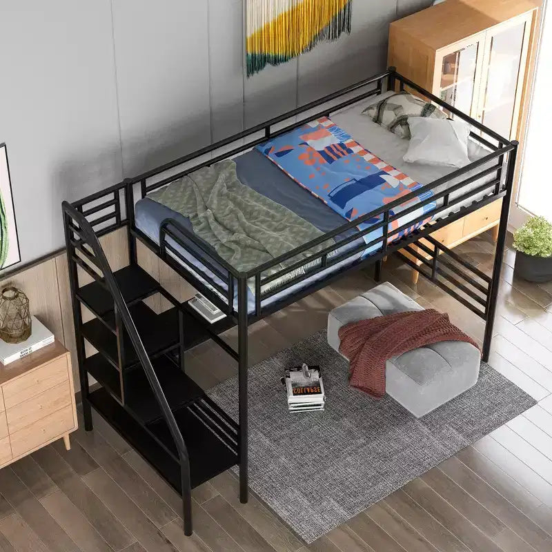 Cama alta de metal de alta resistencia con escritorio, cama alta individual con escaleras para dormitorio, habitación de estudiantes o de invitados, negra