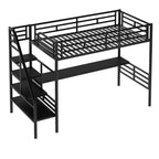 Cama alta de metal de alta resistencia con escritorio, cama alta individual con escaleras para dormitorio, habitación de estudiantes o de invitados, negra