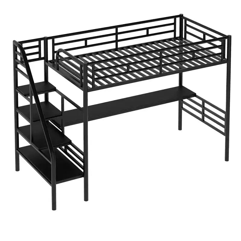 Cama alta de metal de alta resistencia con escritorio, cama alta individual con escaleras para dormitorio, habitación de estudiantes o de invitados, negra