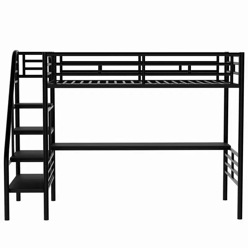 Cama alta de metal de alta resistencia con escritorio, cama alta individual con escaleras para dormitorio, habitación de estudiantes o de invitados, negra